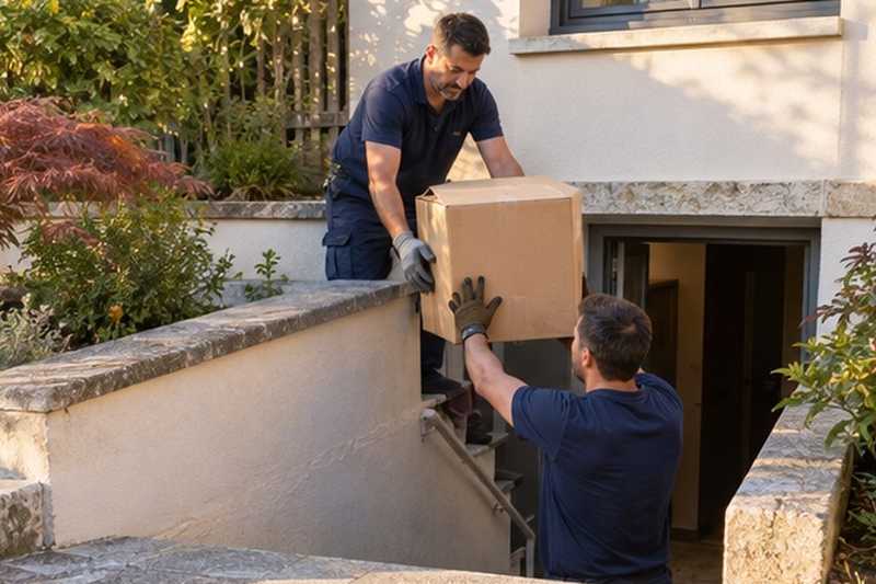 Chaîne de cartons sur des marches : chantier Rue André Picard
