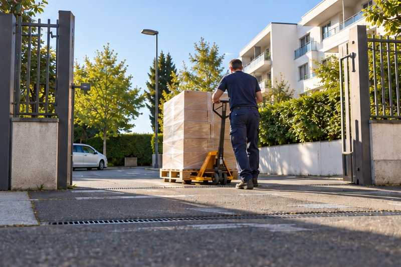 Transpalette au portail du parking : chantier Rue d’Ormagne