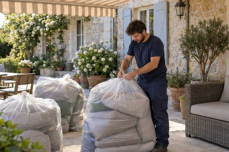 Coussins de salon de jardin ensachés : chantier Rue Aristide Briand