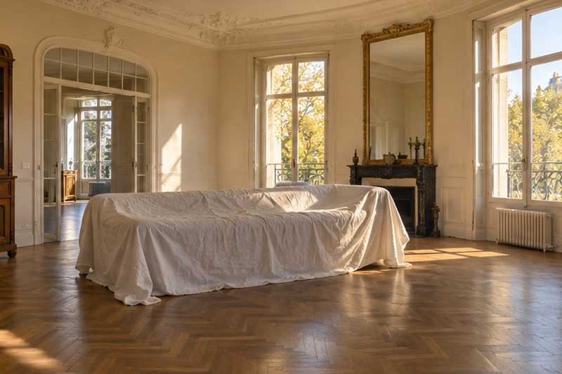 Drap de coton sur un canapé blanc : chantier Rue Aristide Maillol