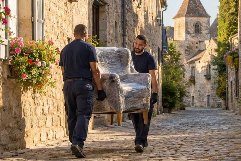 Chaise portée dans une ruelle pavée : chantier Rue Albert Romano
