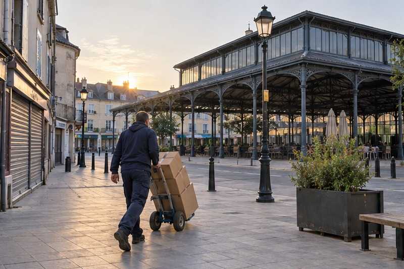 Halle fermée traversée à l’aube : chantier Grande Rue
