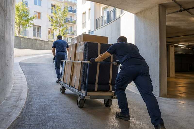 Chariot dans la rampe courbe du garage : chantier Rue de Dormelles