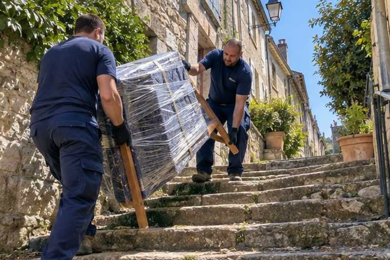 Table tournée dans une venelle pentue : chantier Rue de l’Abreuvoir