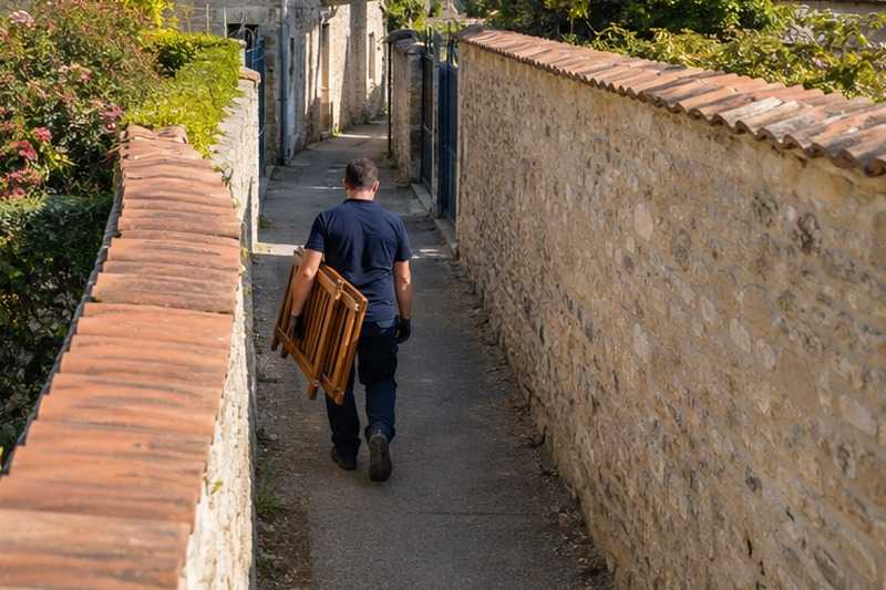 Table pliée dans un chemin entre murs : chantier Petite Rue