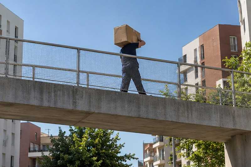 Carton porté sur une passerelle : chantier Rue Charles Jean Brillard