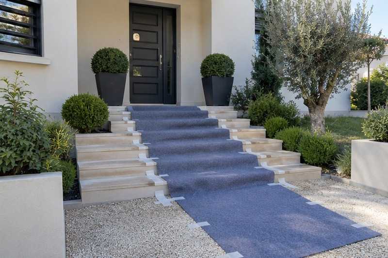 Marches couvertes d’un tapis de feutre : chantier Rue Arthur Chaussy