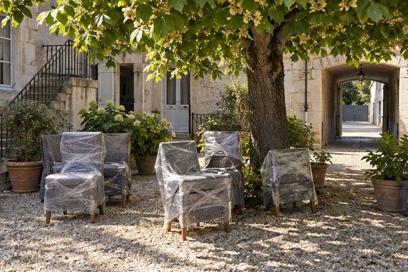 Chaises en attente sous un tilleul : chantier Rue de l’Égalité