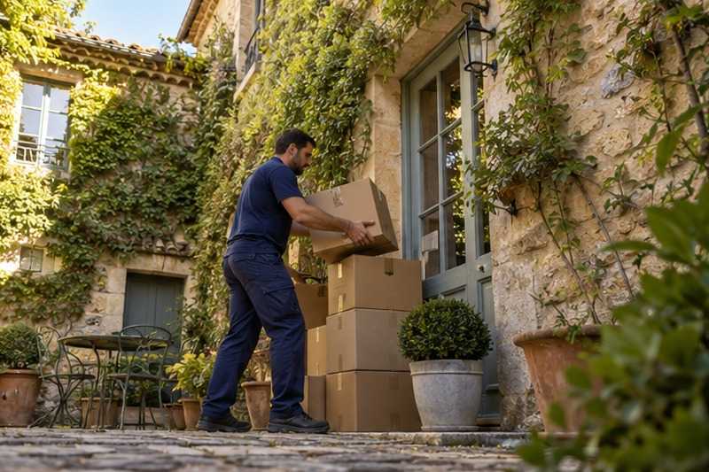 Cartons groupés près d’un mur de lierre : chantier Petite Rue