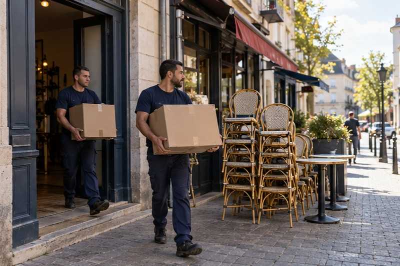 Rue commerçante piétonne au petit matin : chantier Rue de la Fontaine Martin