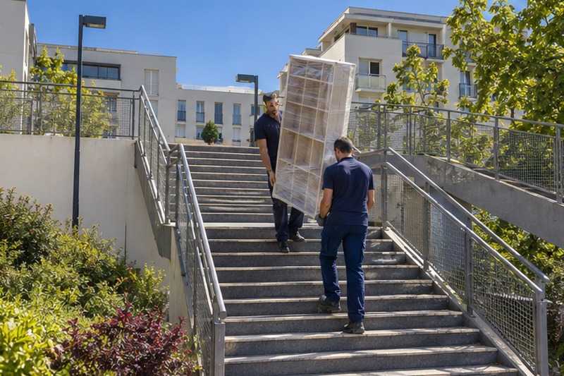 Bibliothèque montée sur un escalier de dalle : chantier Rue de la Mairie