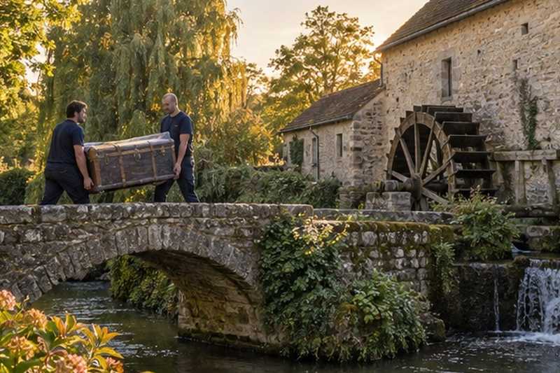 Malle portée dans la cour d’un moulin : chantier Rue d’Arenas de San Pedro