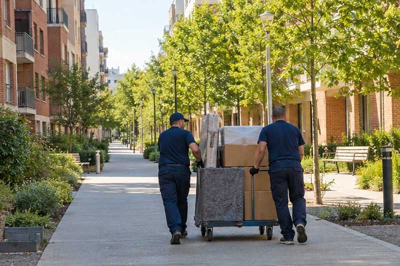 Chariot sous les platanes d’un mail : chantier Avenue Albert