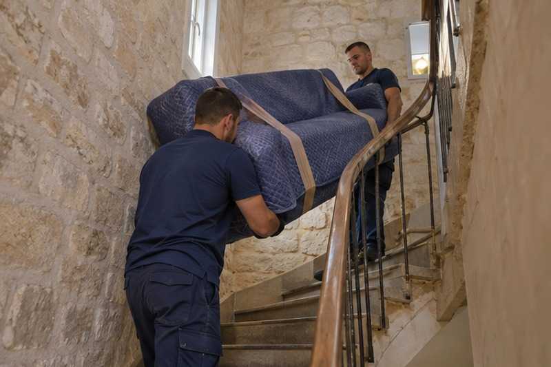 Canapé passé par-dessus la rampe : chantier Grande Rue