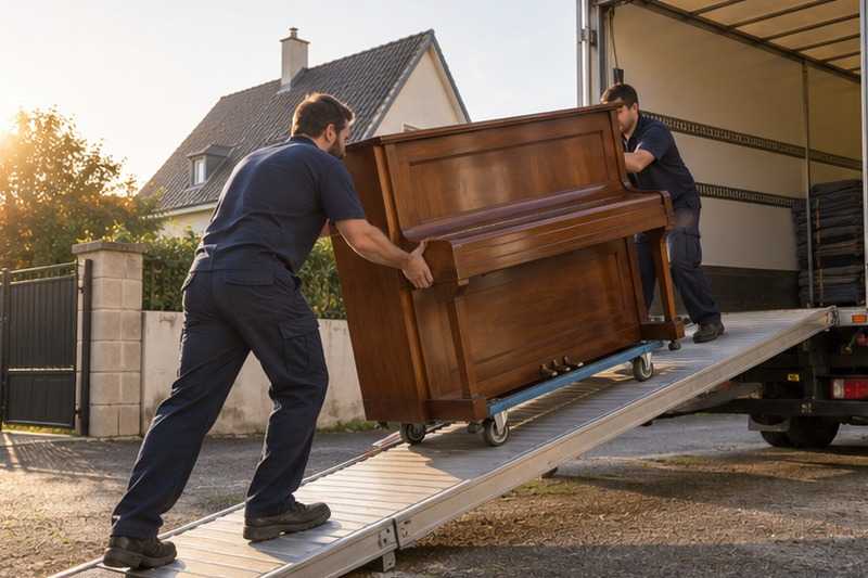 Piano monté par la rampe du camion : chantier Rue Adèle Claret