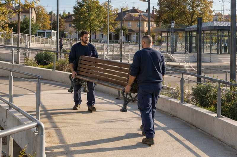 Banc porté sur un parking relais : chantier Rue de la Grande Mare