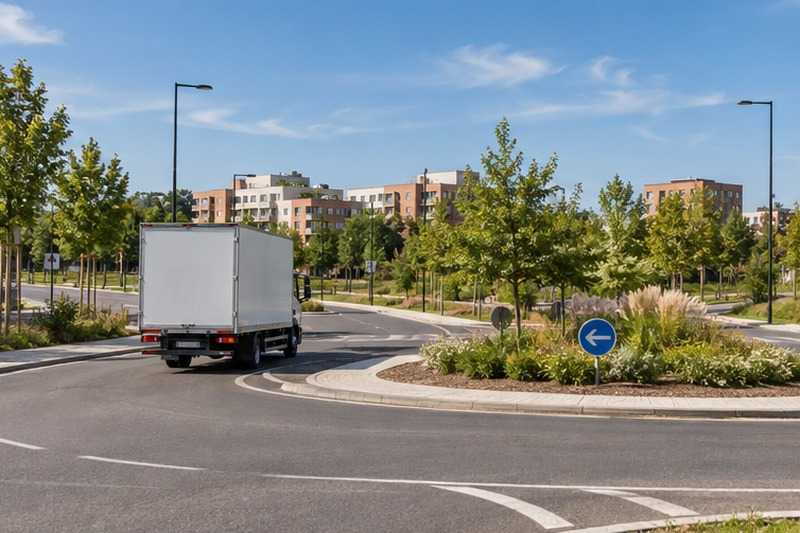Sortie de rond-point en ville nouvelle