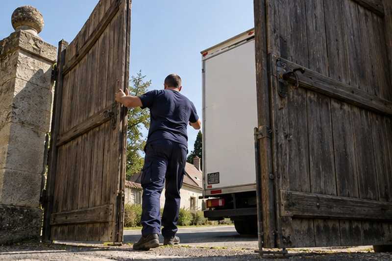 Portail de cour ouvert pour le camion : chantier Rue de la Fosse Derouy