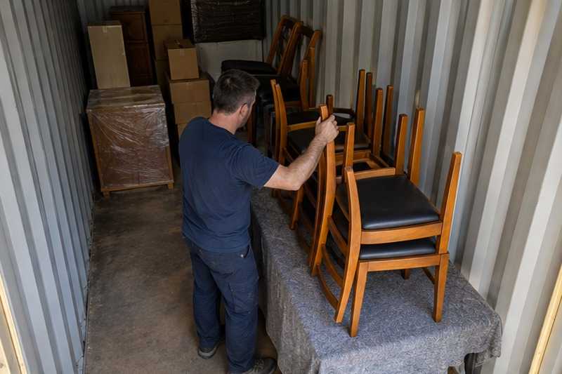 Chaises empilées sur une table protégée : chantier Grande Rue