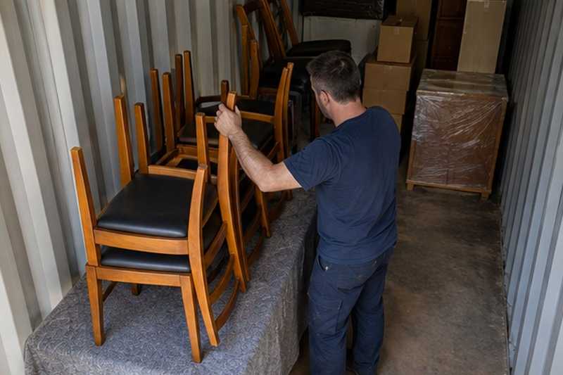 Chaises empilées sur une table protégée, Meaux