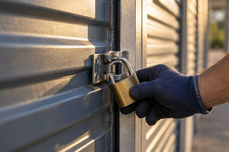 Cadenas posé sur la porte du box : chantier Rue Aldebaran