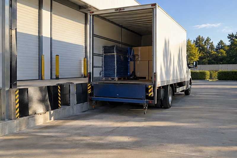 Camion à quai devant l’entrepôt : chantier Deuxième étage et box