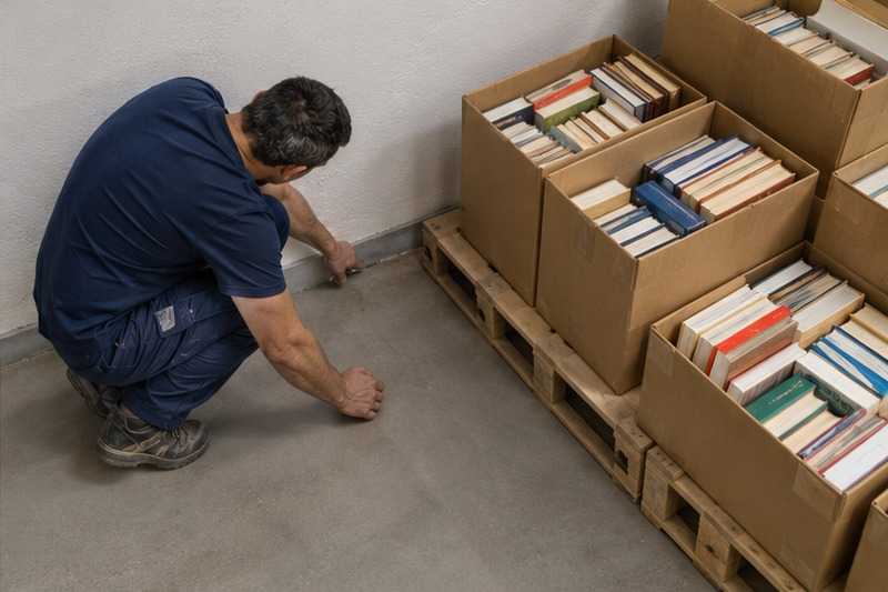 Cartons de livres décollés du mur : chantier Rue Anatole France