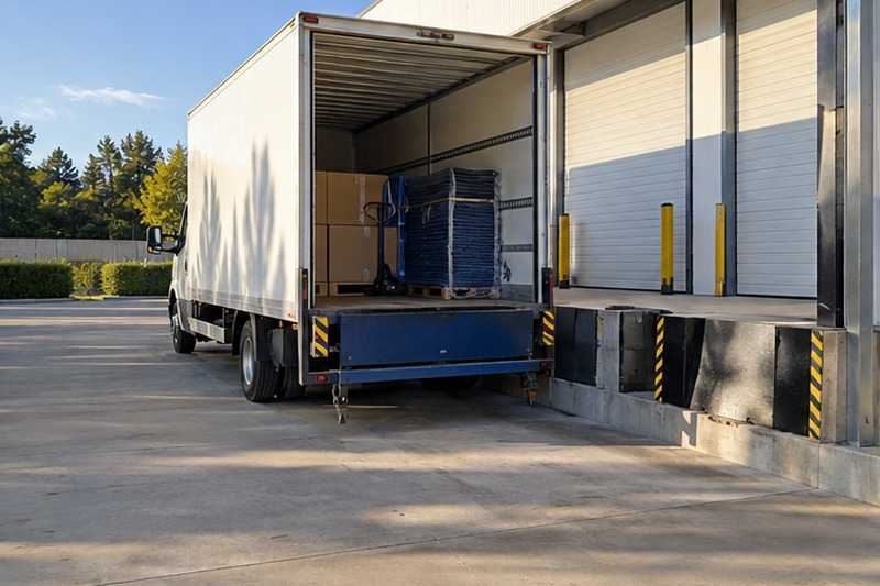 Camion à quai devant l’entrepôt : chantier Rue André Ampère