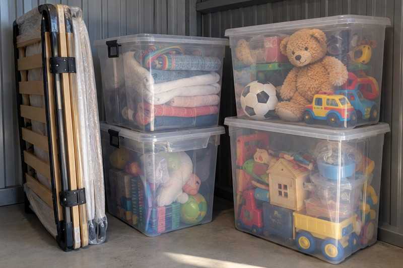 Affaires d’enfant en bacs transparents : chantier Rue Alain Fournier