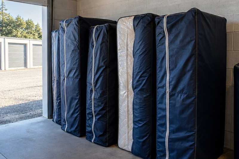 Matelas debout sous housses zippées : chantier Rue Albert Lepetit