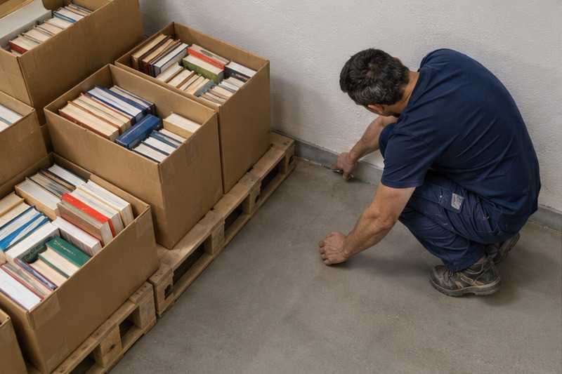 Cartons de livres décollés du mur : chantier Couloir étroit vers le box
