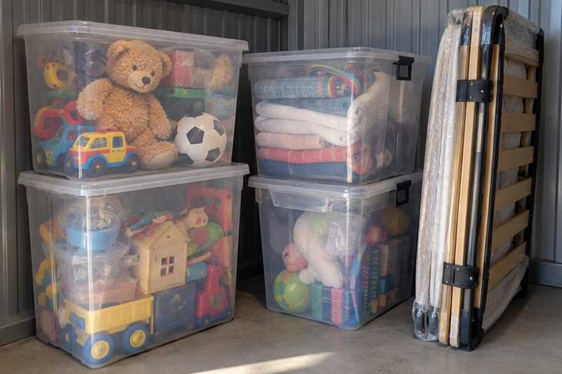 Affaires d’enfant en bacs transparents : chantier Rue Aristide Briand