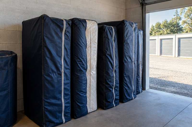 Matelas debout sous housses zippées : chantier Rue Alfred de Musset