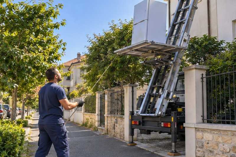 Guidage du plateau à la corde : chantier Rue Alain Peyrefitte
