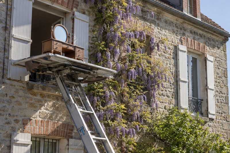 Coiffeuse hissée près d’une glycine : chantier Avenue André-Marie Ampère