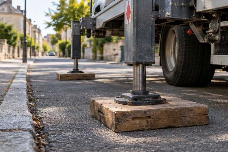 Stabilisateurs calés sur madriers : chantier Avenue des Princes