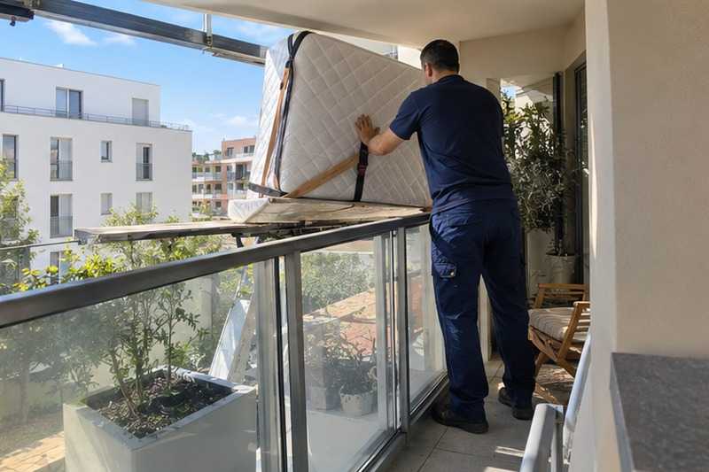 Matelas reçu sur un balcon vitré : chantier Avenue des Pyramides