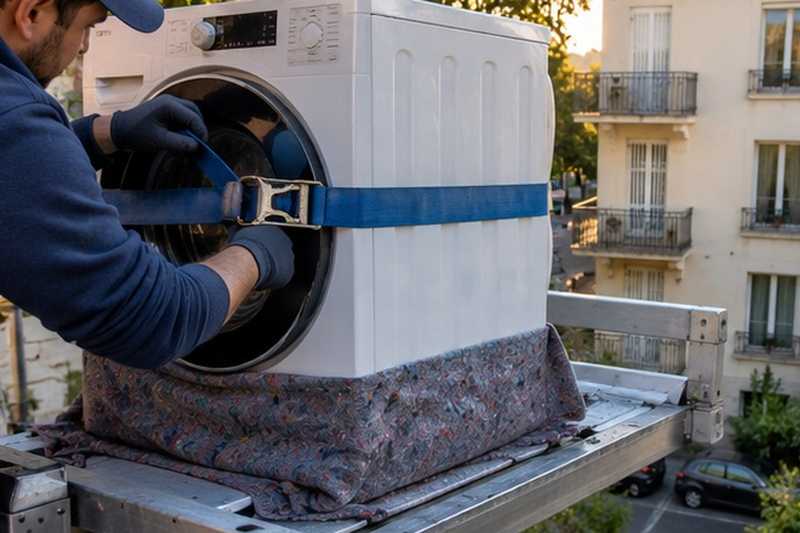 Lave-linge sanglé sur le plateau : chantier Rue Alexandre Bickart