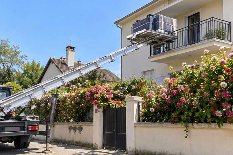 Échelle passée au-dessus du muret : chantier Rue Alice et Jean Lafont