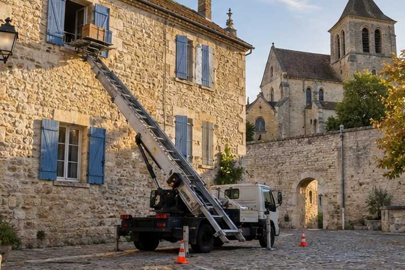 Échelle sur une place pavée de vieille ville, Combs-la-Ville