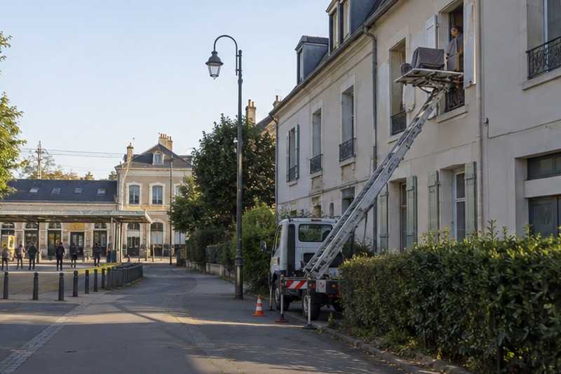 Monte-meuble dans une rue proche de la gare : chantier Rue André-Marie Ampère