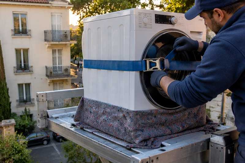 Lave-linge sanglé sur le plateau : chantier Rue Claude Debussy