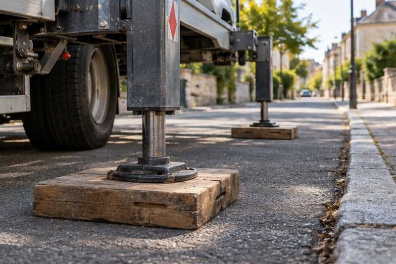 Stabilisateurs calés sur madriers : chantier Rue Ambroise Paré