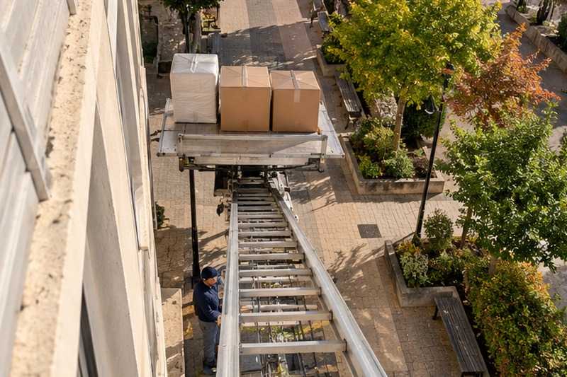 Plongée depuis le balcon sur l’échelle : chantier Rue Albert Schweitzer