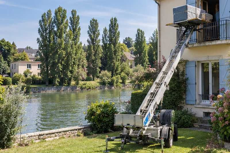 Monte-meuble devant une maison au bord de l’eau : chantier Rue Alexandre Charles Merre