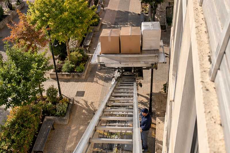 Plongée depuis le balcon sur l’échelle : chantier Rue Albert Salmon