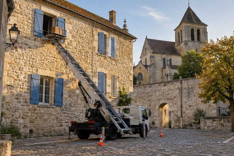 Échelle sur une place pavée de vieille ville : chantier Rue Alfred Nodet