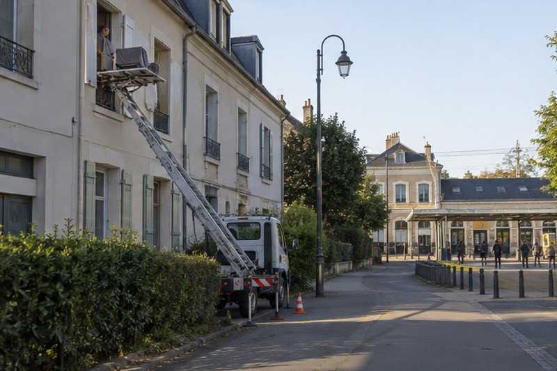 Monte-meuble dans une rue proche de la gare : chantier Rue Anatole France