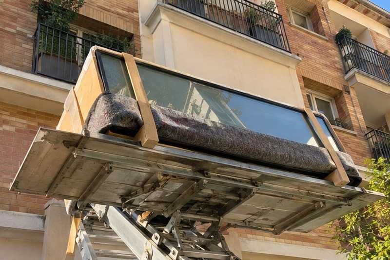 Plateau de verre en caisse sur l’échelle : chantier Rue A Combattants Afrique Nord
