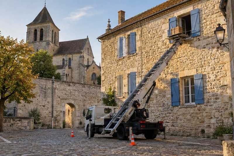 Échelle sur une place pavée de vieille ville : chantier Rue Albert Camus